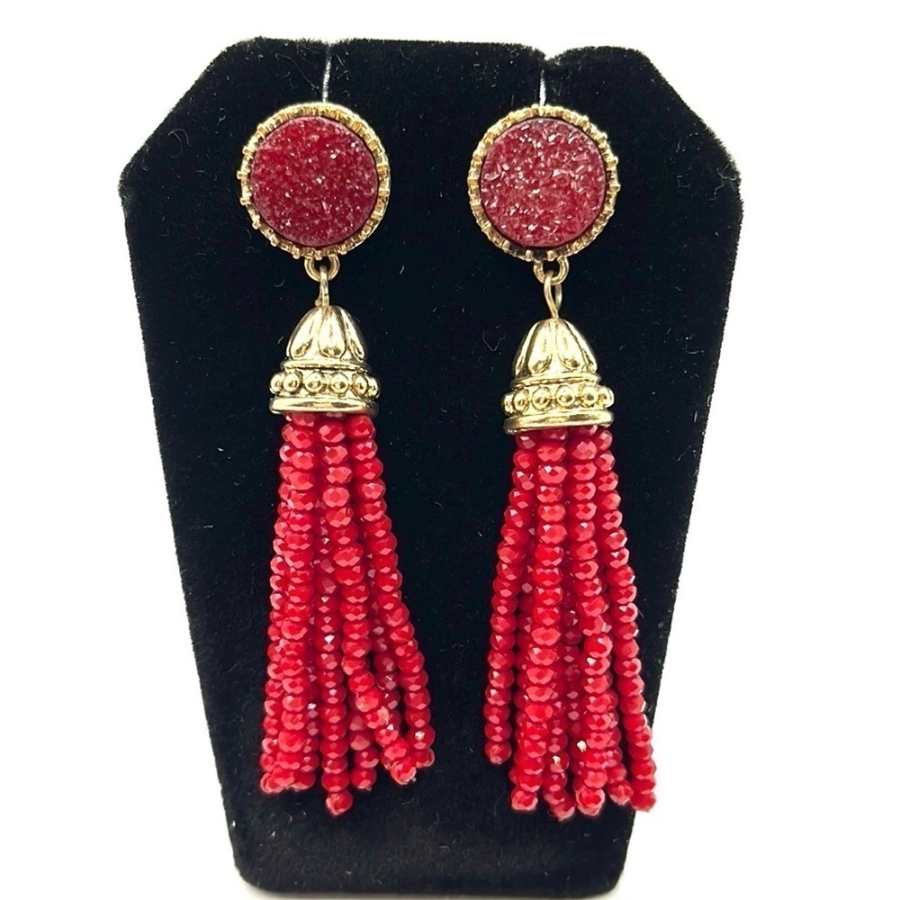 Red Drusey Gold Tone Earrings with Sparkling Long Beaded Tassels Rich Red Color
